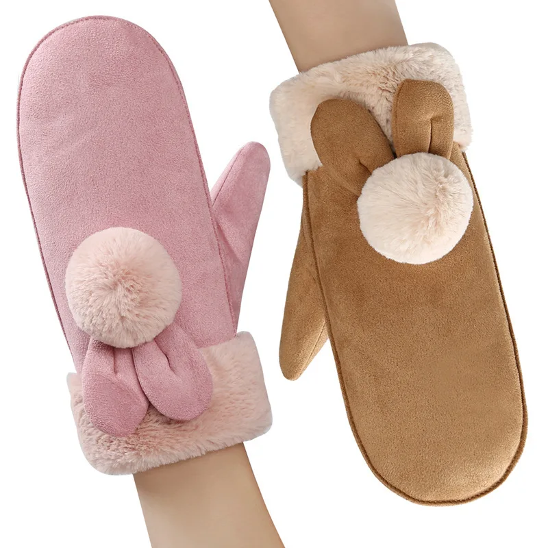 

Gloves Women Suede Finger-less Plus Velvet Thicker Hairball Bow Plush Winter Warm Womens Glove All-match Kawaii Trendy Leisure