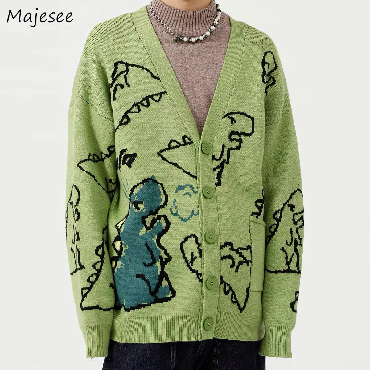 

Men Cartoon Cardigans Japanese Dinosaur Harajuku Sweaters Loose V-neck Oversize Couple Single Breasted Knitwear Young Streetwear