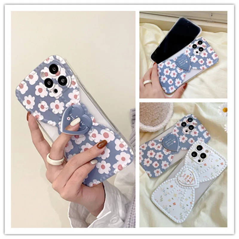 

Flowers Bow Pattern Heart-shaped Finger Ring Bracket TPU Phone Case For iPhone 13 12 11 Pro XS MAX XR 8 7 Plus Protective Cover