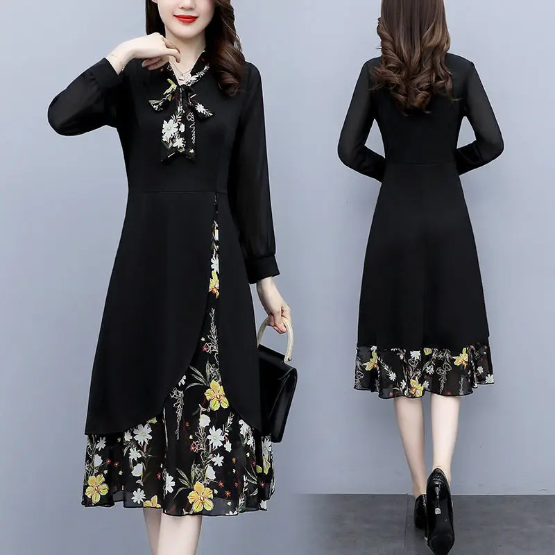 

Western chiffon stitching dress women's autumn 2021 new mid-length waist and thin bow floral skirt vestido