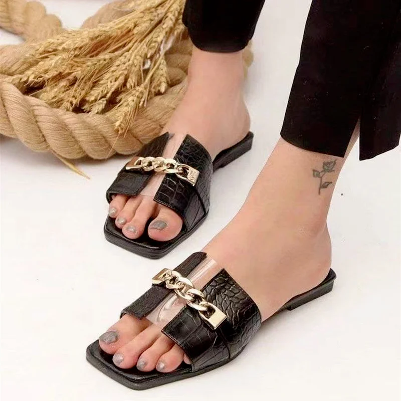 

Сланцы женские с цепочкой, повседневные шлепанцы на плоской подошве, дышащие, обувь для вечеринки, сланцы