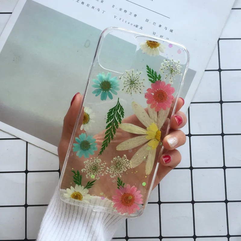 Tfshining настоящий прессованный высушенный чехол с цветами для iphone 11 11pro max X XR Xs max 6 6s 7 8 plus, прозрачный чехол, блестящий девчачий чехол