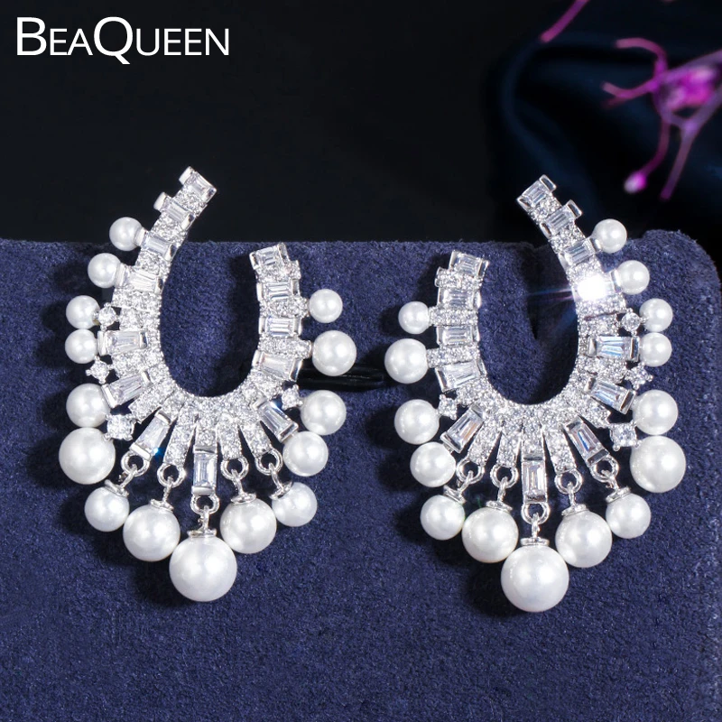 Женские серьги-подвески с жемчугом BeaQueen Серьги серебряного цвета фианитом и