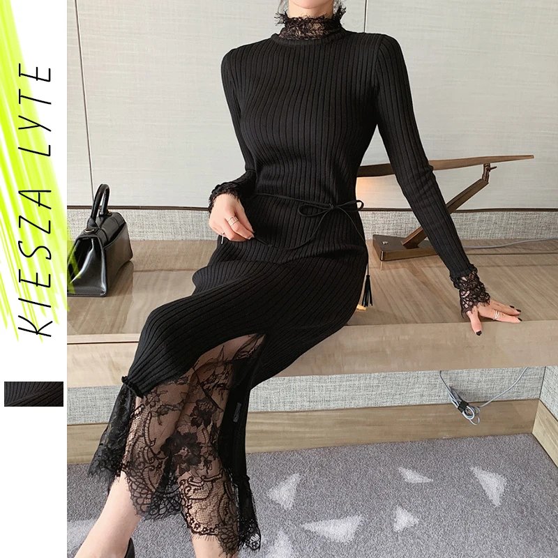 Женское облегающее трикотажное кружевное платье черное миди с длинными рукавами