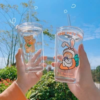 400ml cute rabbit bear glass water bottles family digital glass measuring cup milk coffee glass cup with lid tea straw mug