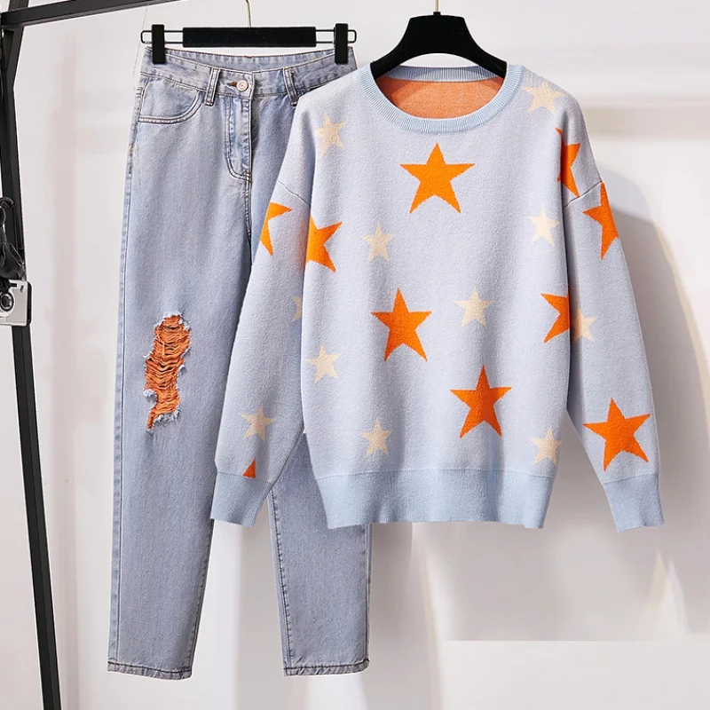 Женский жаккардовый комплект из Свитера и джинсов Свободный пуловер со звездами