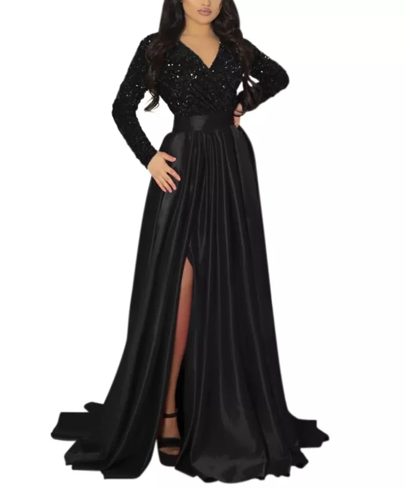 

ALLU RING Evening Dress Black V-Neck Floor-Length Classic Satin A-LINE Sequined Prom De Fiesta Robe De Soiree