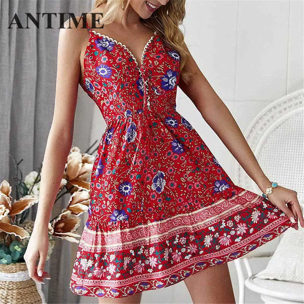 ANTIME Boho платье на бретельках женское летнее богемное ТРАПЕЦИЕВИДНОЕ ПЛАТЬЕ С v-образным вырезом на шнуровке повседневное Мини шифоновое платье без рукавов винтажное - Цвет: A