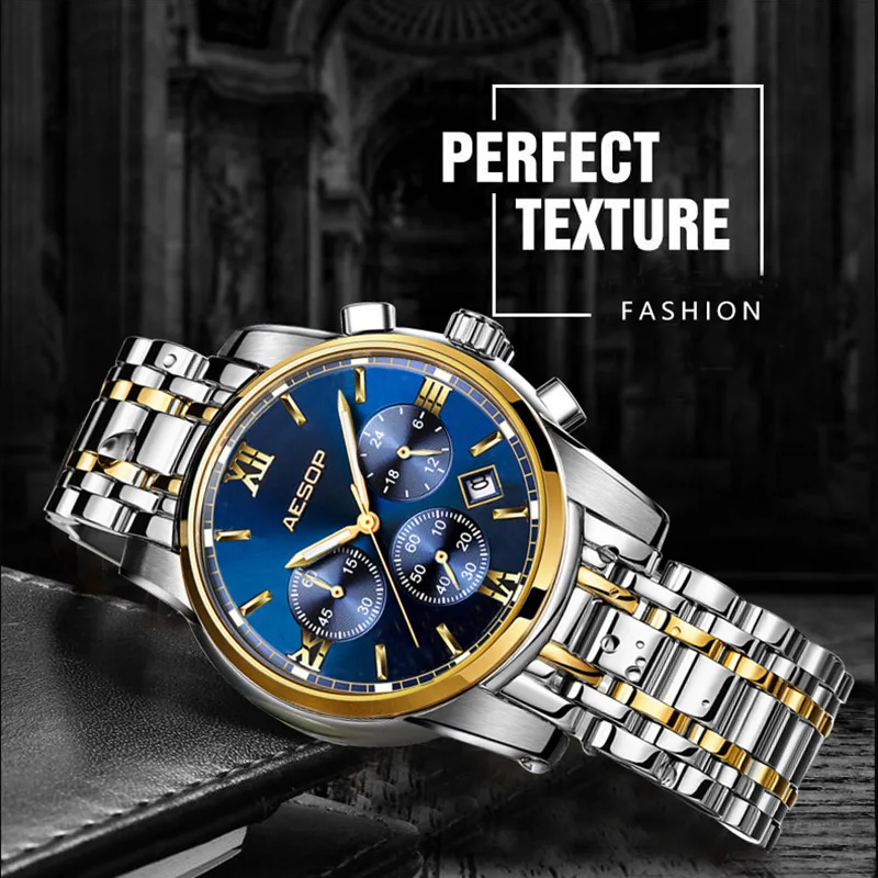 Мужские спортивные кварцевые часы AESOP синие водонепроницаемые наручные из