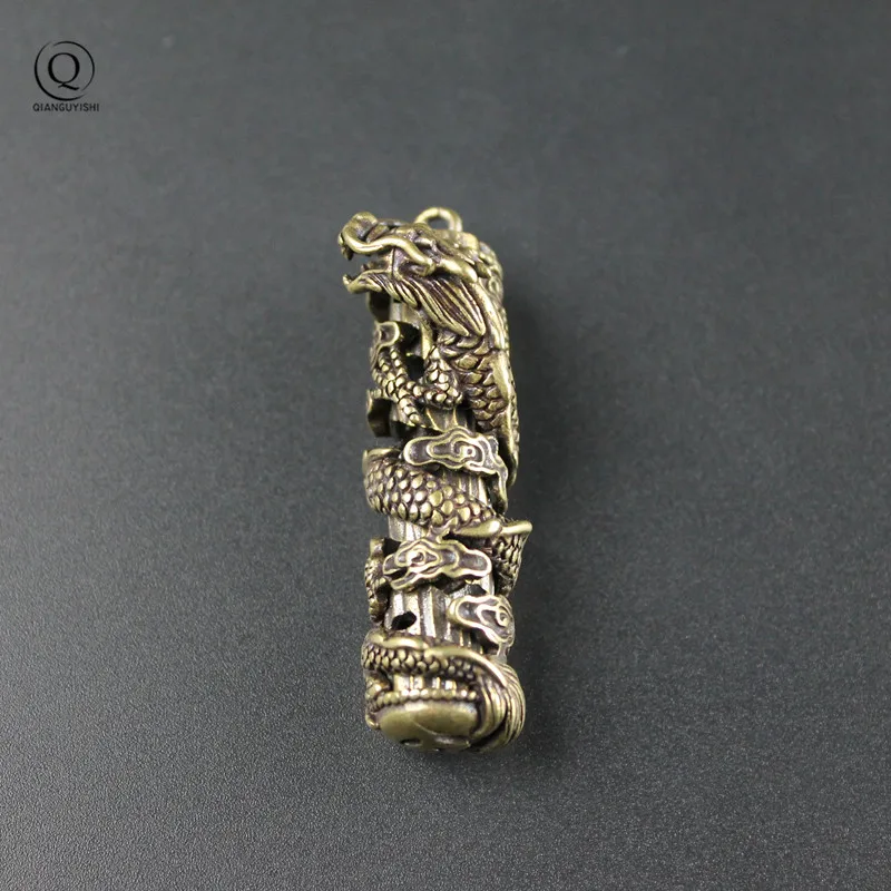 Фото Pure Brass Cylindrical Huabiao Dragon Hollow Out Dragon Keychain Retro Copper  Hanging Car Key Chain Waist Pendant Ornament Jew №1