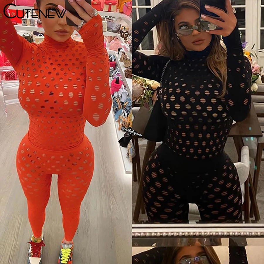 

Cutenew Hollow Out Sexy See Through Two Piece Set Women's Streetwear Turtleneck Bodysuit+High Waist Leggings Skinny Outfits Suit