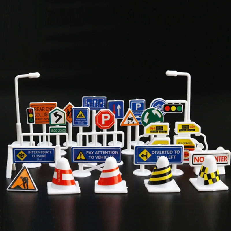 

28pcs Set English Road Sign Traffic Sign Signage Kids Children Play Learn Toys Can Help Kids Learn And Know About Traffic Signs