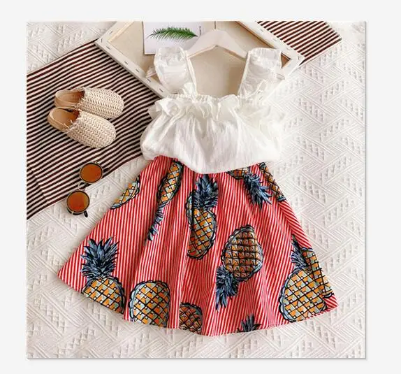 

2 шт./комплект, белая футболка + юбка с принтом ананасов