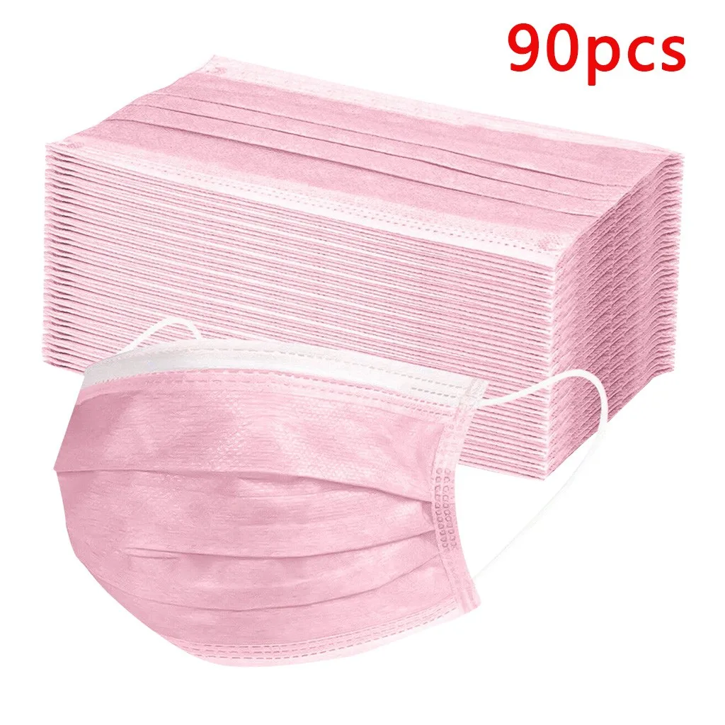 

90pcs Pink Disposable Non-woven Fabric Mask 3 Layers Personal Face Mouth Masks Masque Halloween Cosplay Headband masques