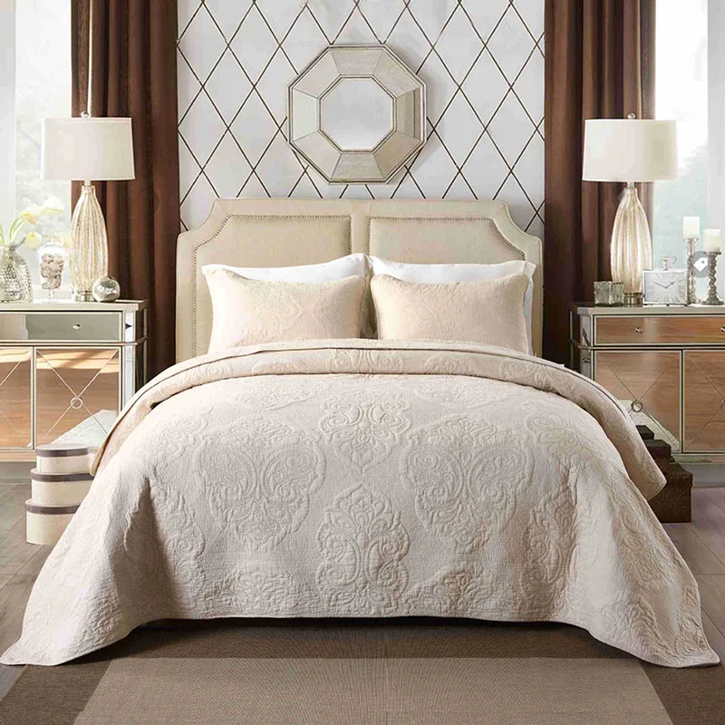 

Luxury Beige Quilt Set 3 Piece Quilted Bedspread on the Bed Washed Cotton Bed Cover Queen Size Embroidered Coverlets Blanket for