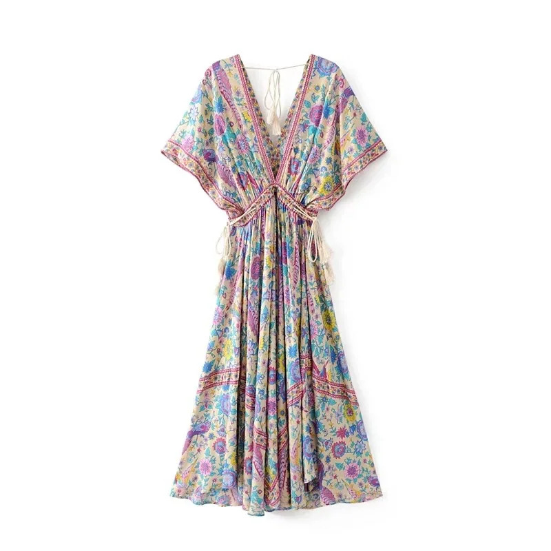 

Women Vintage Chic Peacock Floral Print Beach Bohemian Maxi Dress Ladies V-neck Summer Boho Dress