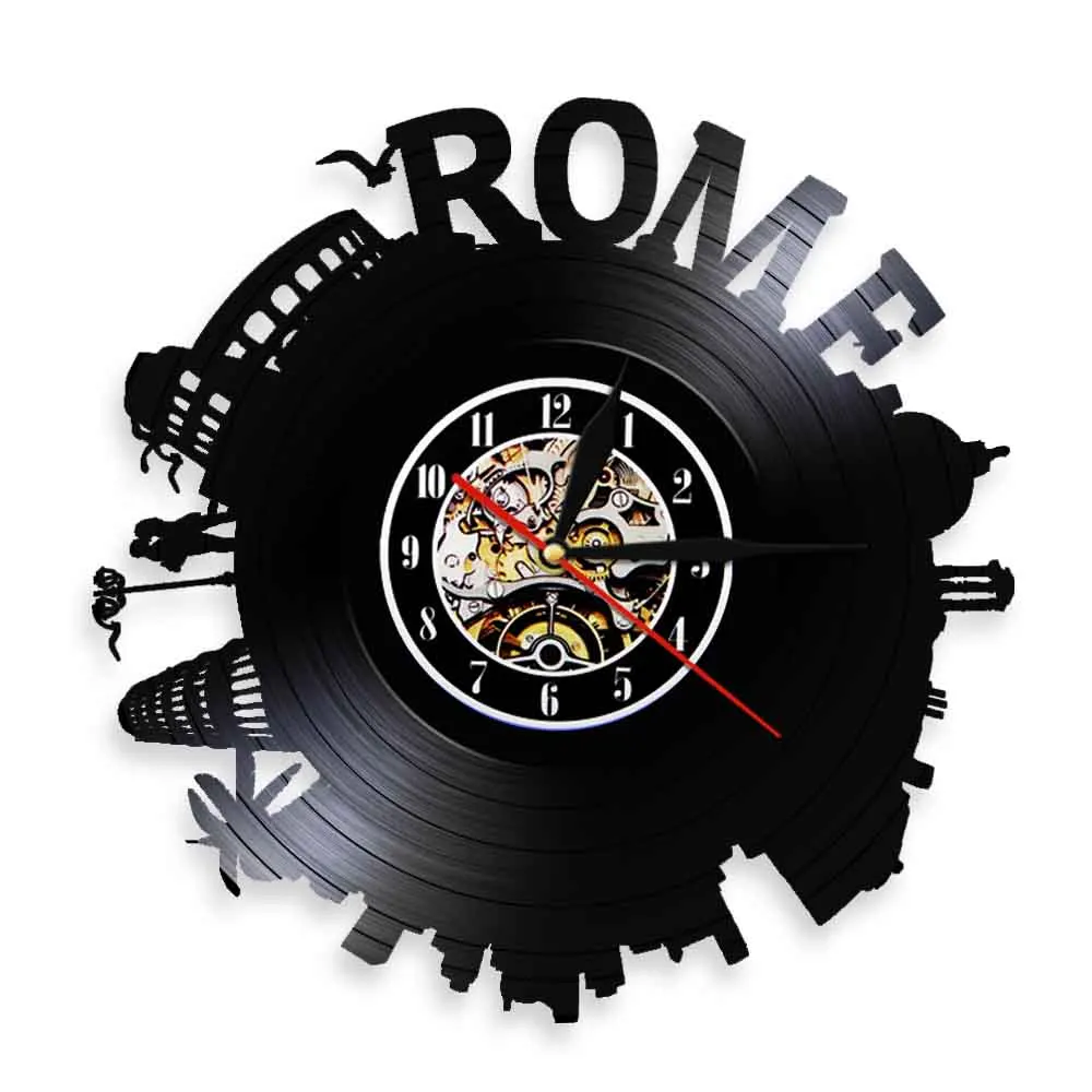 Italy Capital Rome City Skyline Wall Clock Creative Artwork Room Cityscape Vintage Vinyl Record 3D Wall Clock Wall Watch