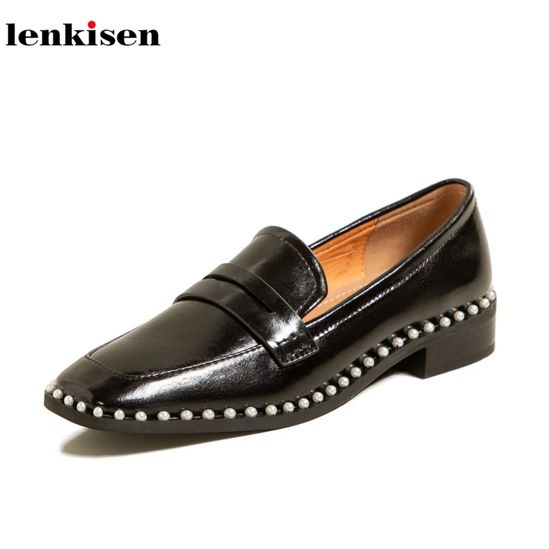 

Lenkisen genuine leather square toe beading high quality preppy style sweet low heels daily wear pearl slip on women pumps L32
