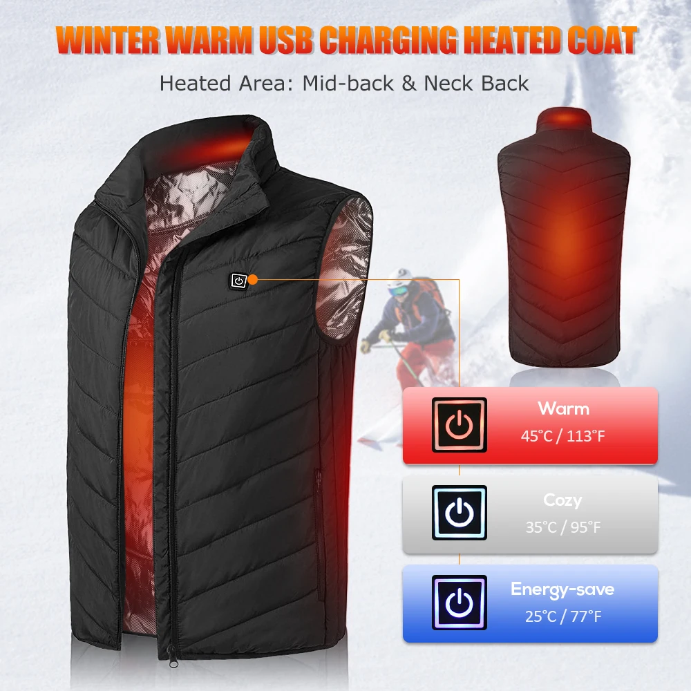 

Outdoor Winter Warm Waistcoat Electric Heating Vest USB Charging Heated Coat Thermal Vest for Walking Camping Ice Fishing
