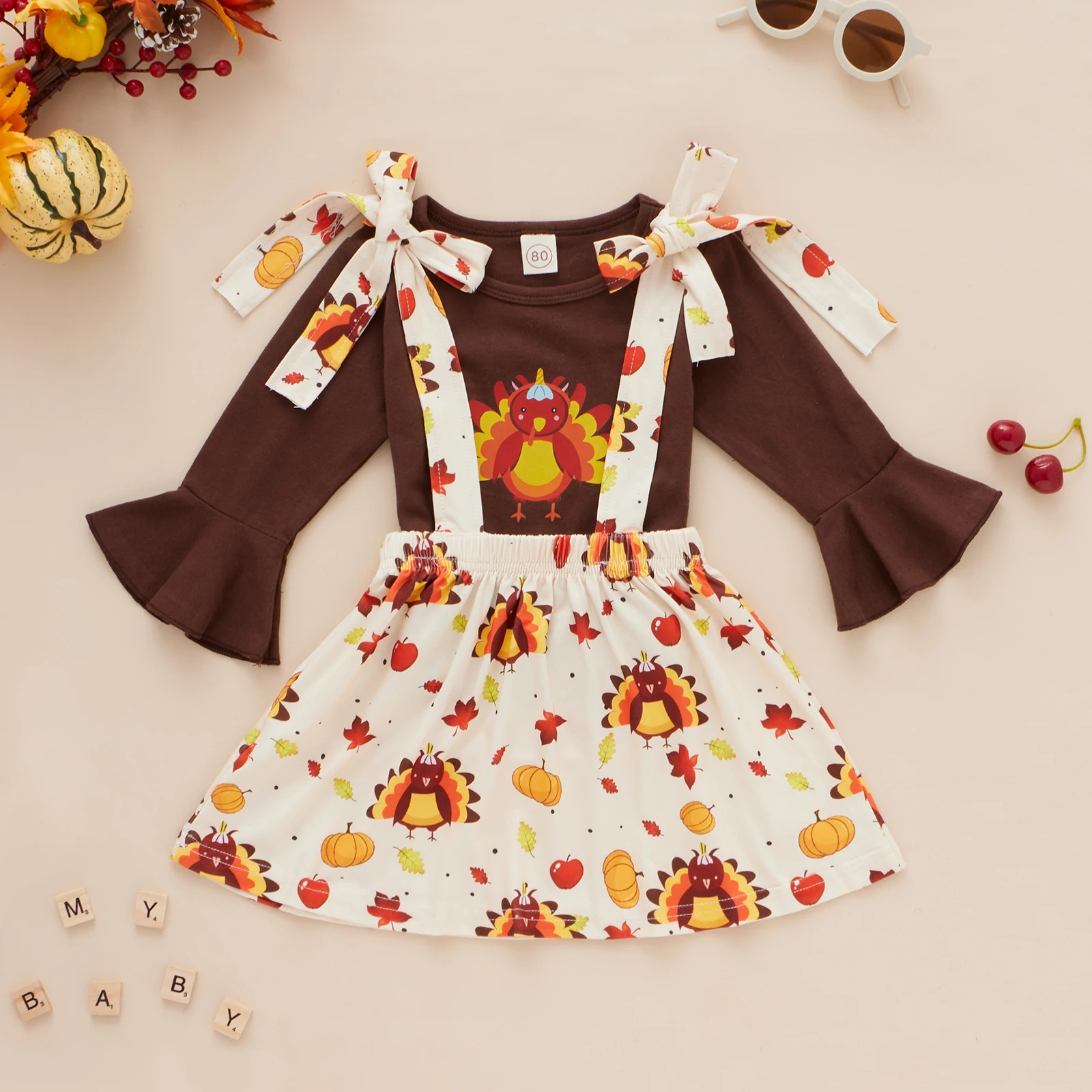

3Pcs Children's Sets Cartoon Printed Flare Long Sleeves Pullover Cartoon Elastic Waist Suspender Skirt Toddler Girls Summer Fall