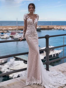 Vintage Mermaid Wedding Dresses Backless Lace Long Sleeves Beaded Appliques V-Neck Beach Bridal Gowns Princess Dress Custom Made