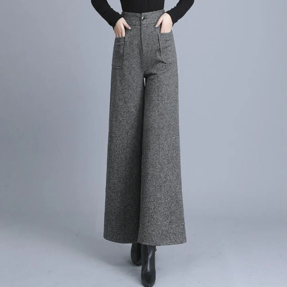 Толстые шерстяные широкие брюки для женщин с высокой талией и карманами