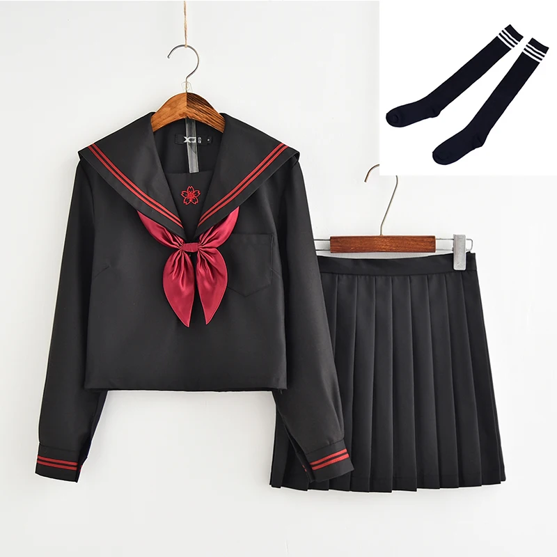 Long Set With socks UPHYD школьная форма Япония девушки с коротким рукавом Jk костюм моряка для маскарада футболка консервативный стиль колледж юбка Женский костюм комплект черный - Цвет: Long Set With socks