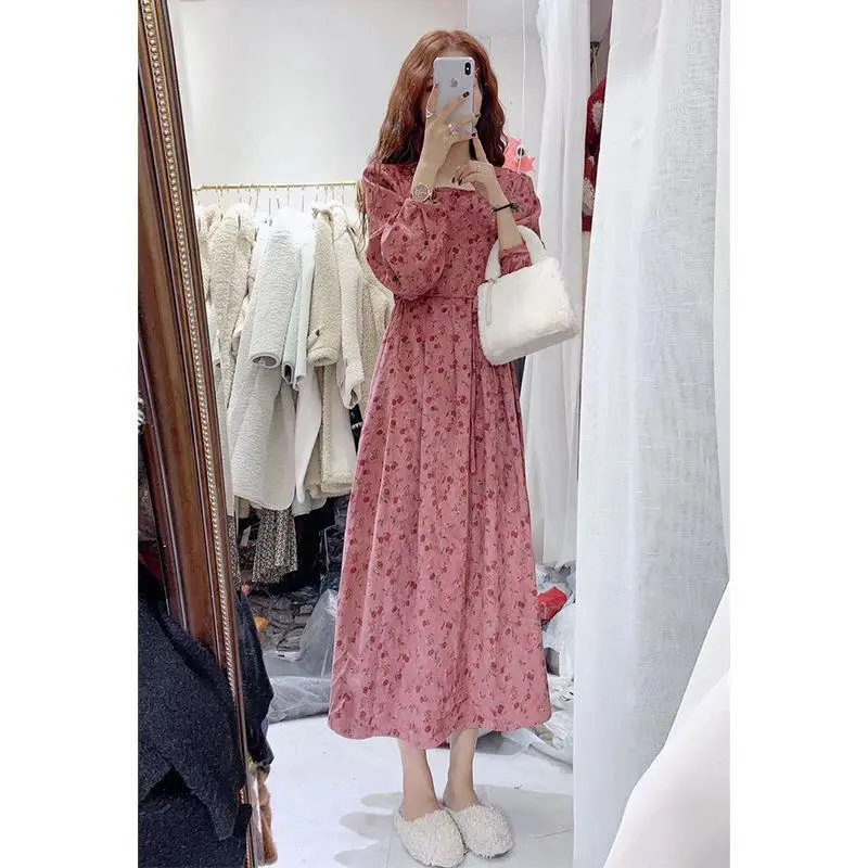 

Corduroy floral floral sweet cover long skirt women's autumn high waist slimming fairy rose skirt sexy luxury fashion red