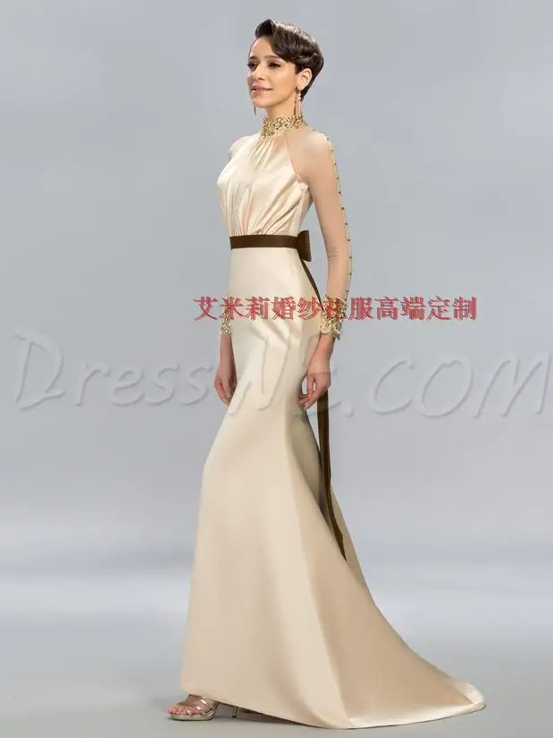 

prom Formal evening gown pearls beading vestido de festa sexy high neck long sleeves crystal 2018 mother of the bride dresses