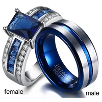 fashion his and her couple rings mens blue tungsten steel band four claws blue zircon womens rings wedding anniversary jewelry