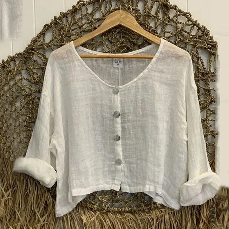 

Elegant V Neck Long Sleeve Button Blouses Spring Summer Cotton Linen Open Tops Shirt Fashion Casual Single Breasted Solid Blusas