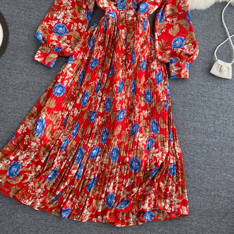 

Women Korean Chiffon Print Dress O Neck Puff Sleeve Vacation A Line Dress Autumn Casual Bow Drawstring Pleated Dress
