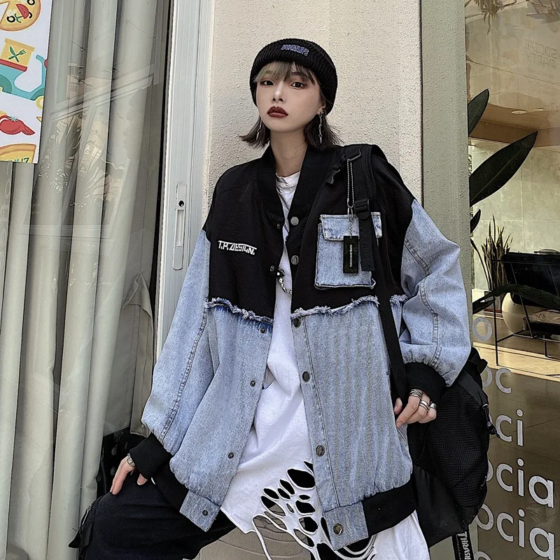

2021 Spring Harajuku Loose Denim Jacket Women Ins Splice Jeans Jacket Embroidery Letters Veste Jeans Femme