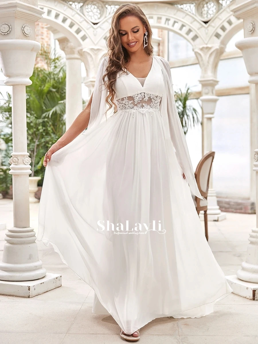 

Вясельная Сукенка Vintage Wedding Dresses Chiffon With A-line Floor Length V-neck Floating Sleeve Bride Dresses Hollow Out Lace