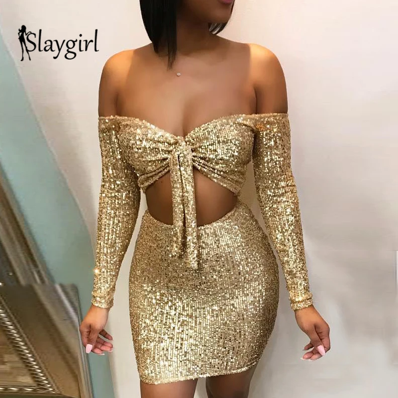 Slaygirl, облегающее сексуальное платье с блестками, женские вечерние мини-платья, Клубное платье с бантом и открытыми плечами, Дамское летнее платье, осеннее платье с длинным рукавом