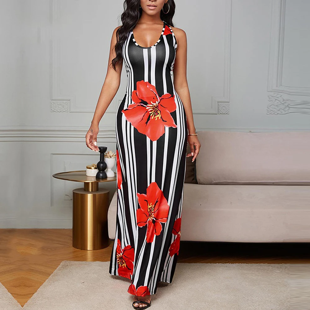 

OTEN Woman Elegant Sleeveless Sling V-neck Striped Print Long Dress Sexy High Waist Bohemian Beach Halter Party Maxi Dress