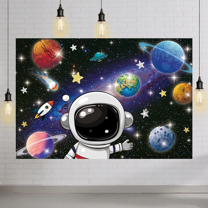 

Outer Space Rocket Astronaut Backdrop for Boy Kids Galaxy Night Sky Universe Planet Birthday Party Banner Photography Decoration