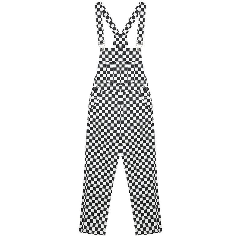 

Women Jumpsuit Slim Casual Black And White Checkerboard Lattice Loose Overalls