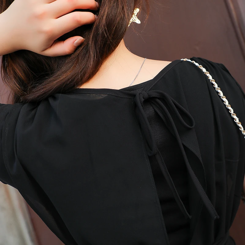 

COIGARSAM Fashion Short Sleeve Women dress New Summer O-Neck Dresses Black 658
