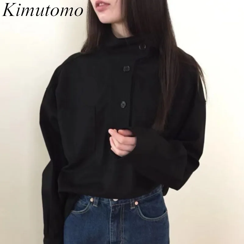 

Повседневная Блузка Kimutomo с воротником-стойкой, новая весенняя модная женская однотонная блузка с длинными рукавами и пуговицами, верхняя о...