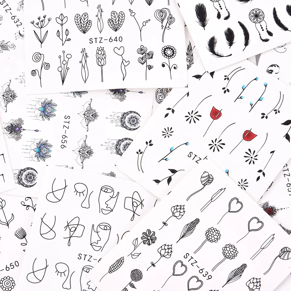 1 шт. простые наклейки для дизайна ногтей черные цветы перо Дизайн Линии