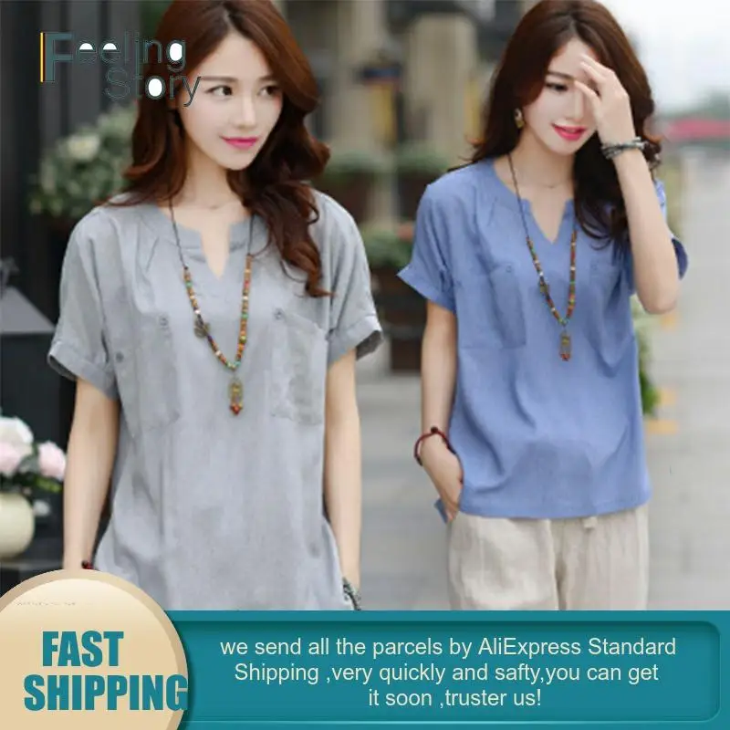 Винтажная женская блузка размера плюс Повседневная Базовая Блузка из хлопка и