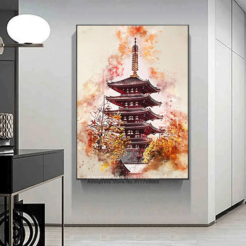 Sensoji храм из Токио Япония с акварелью картина плакат и печать Декор Картина Холст