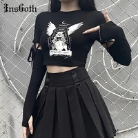 insgoth witch print black bodycon tops women gothic harajuku punk patchwork long sleeve slim t shirts fashion autumn female top