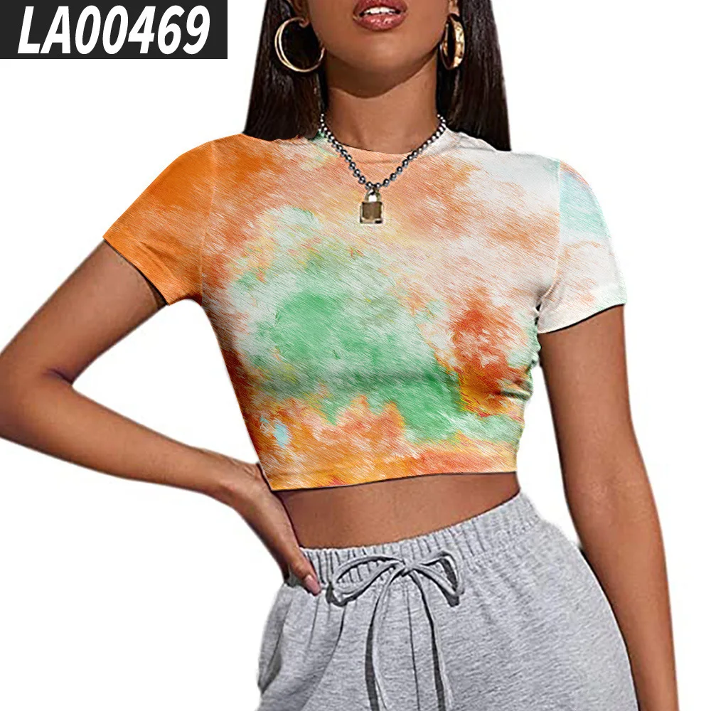 

Random 2 pieces European and American fashion tie-dye T shirt women summer flower short sleeve blouse T shirt color women 07PD