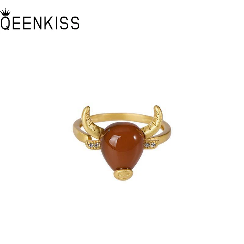 

QEENKISS RG5120 Fine Jewelry Wholesale Fashion Hot Woman Girl Birthday Wedding Gift Vintage Horns Agate 24KT Gold Resizable Ring