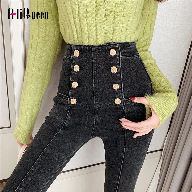 С высокой талией сексуальные двубортный черный карандаш джинсы в винтажном