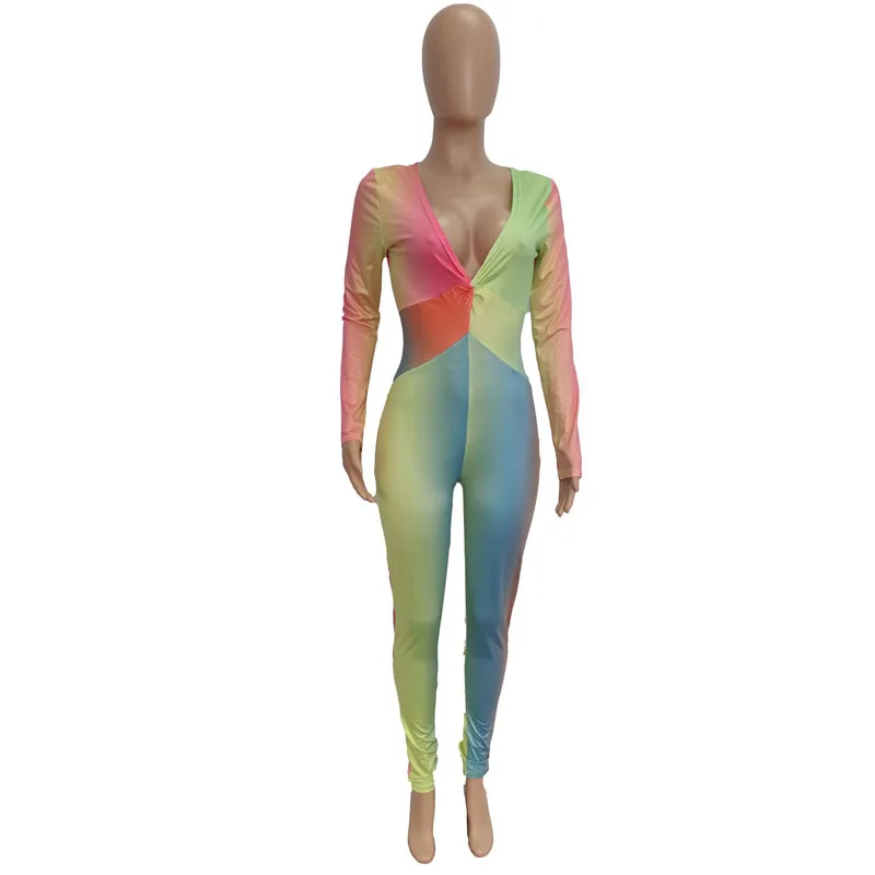 

TNNAOFF Rainbow Print Bodycon Rompers for Women Fall Fashion Long Sleeve V-neck One Piece Outfit Streetweat Jumpsuit Clothes