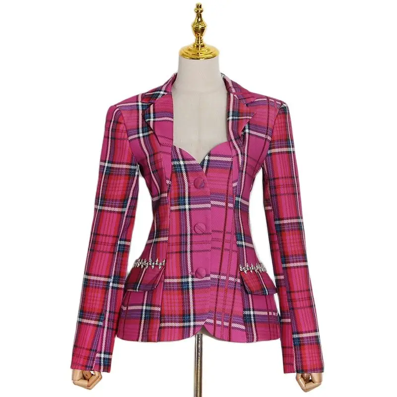 SaintDaisy Retro Clothes Floral Pink Colorblock Tweed Jacket Plaid Formal Button V-Neck Backless Office Attire Women Dropship