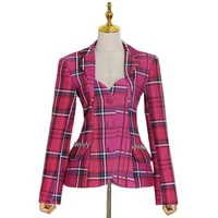 saintdaisy retro clothes floral pink colorblock tweed jacket plaid formal button v neck backless office attire women dropship